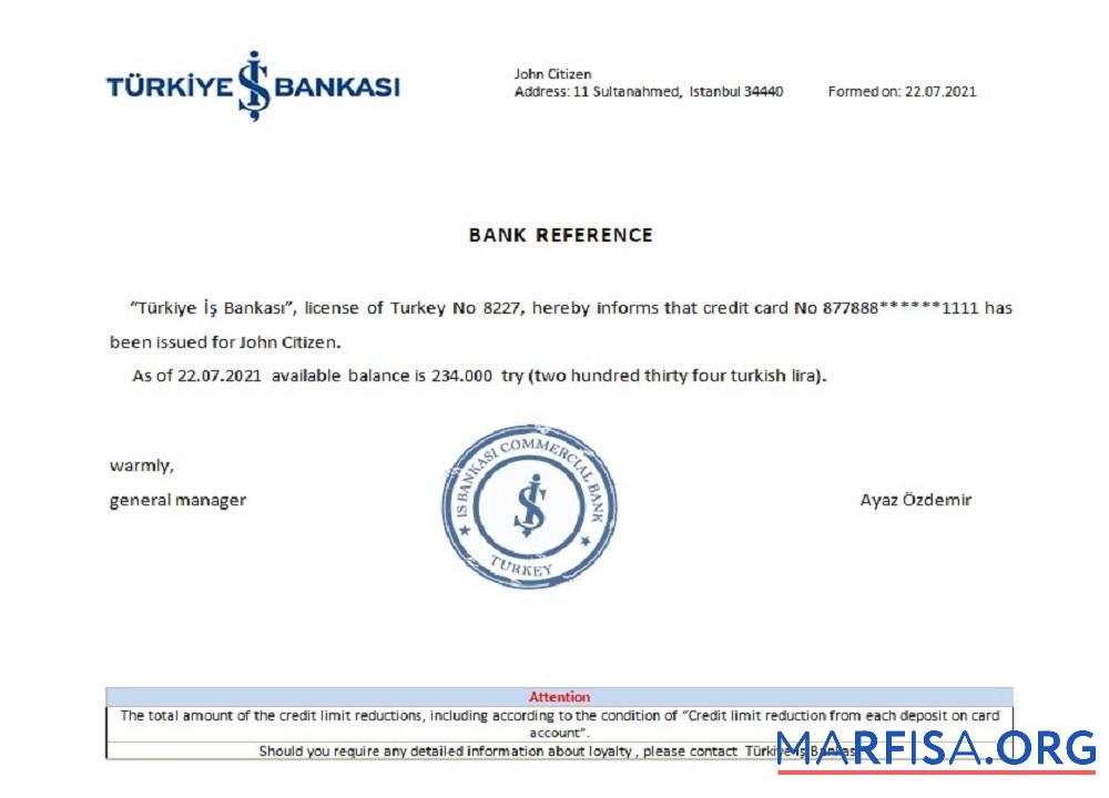 Blank Turkey Is Bankasi reference download for verification